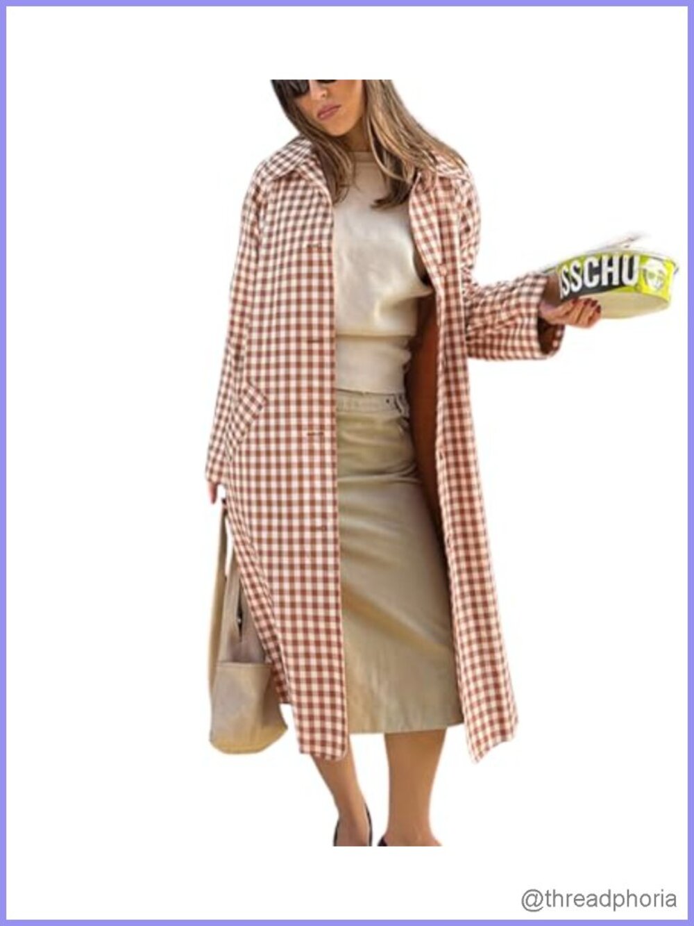 Plaid Long Trench Coat Single Breasted Casual Jacket Overcoat